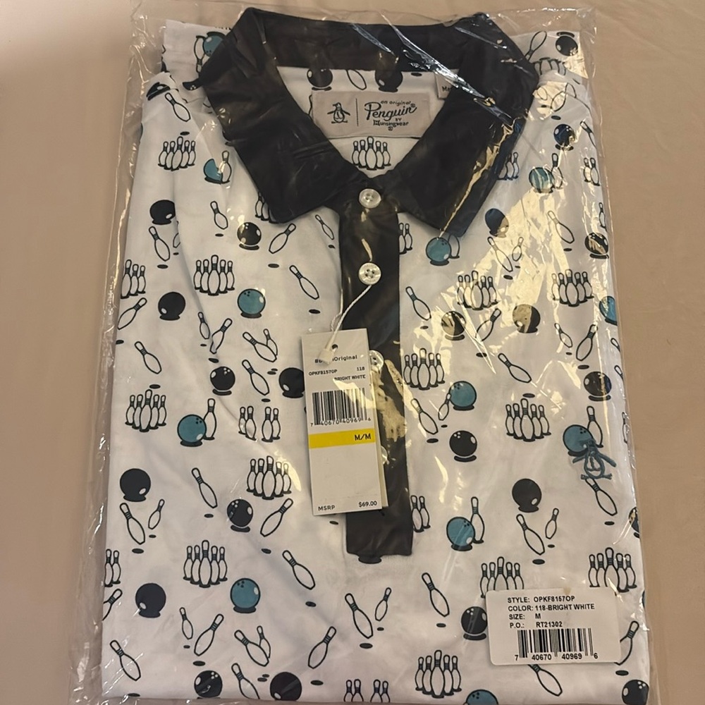 NWT Original Penguin Bowling Pins All-Over Print Polo Bright White/Black Collar
